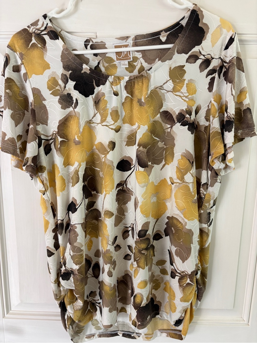 JM Collection Short Sleeve Scoop Neck Floral Tee - Mustard & Brown on Cream